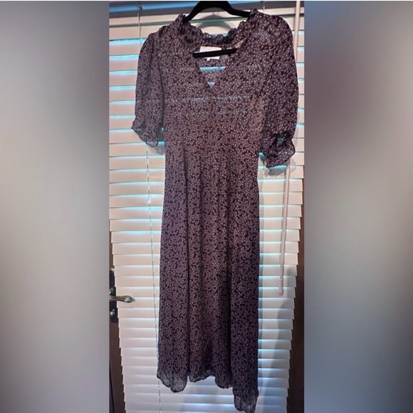 Ba&Sh Pally Midi Dress Ditsy Floral Pattern Ruffled Short Sleeve V Neck Brown 4 - Picture 4 of 8